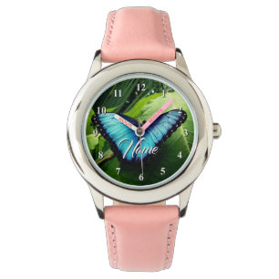 Aangepast dameshorloge met schattige blauwe vlinde horloge