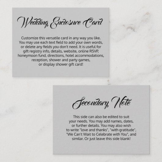 Aangepast, eenvoudig, veelzijdig, lichtgrijs huwel informatiekaartje (Voorkant / Achterkant)