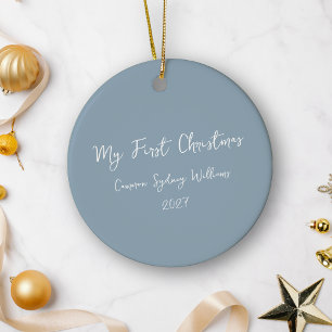 Aangepast Eerste Kerst Script Baby Foto Blauw Keramisch Ornament