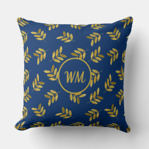 Aangepast Elegant Gold Foliage Blue Kussen