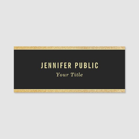 Aangepast elegant zwart-wit en goudglitterrechthoe naamplaatje (Voorkant)