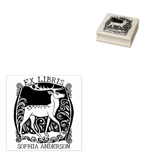 Aangepast Ex Libris,  Deer Book Rubberstempel (Gestempeld)