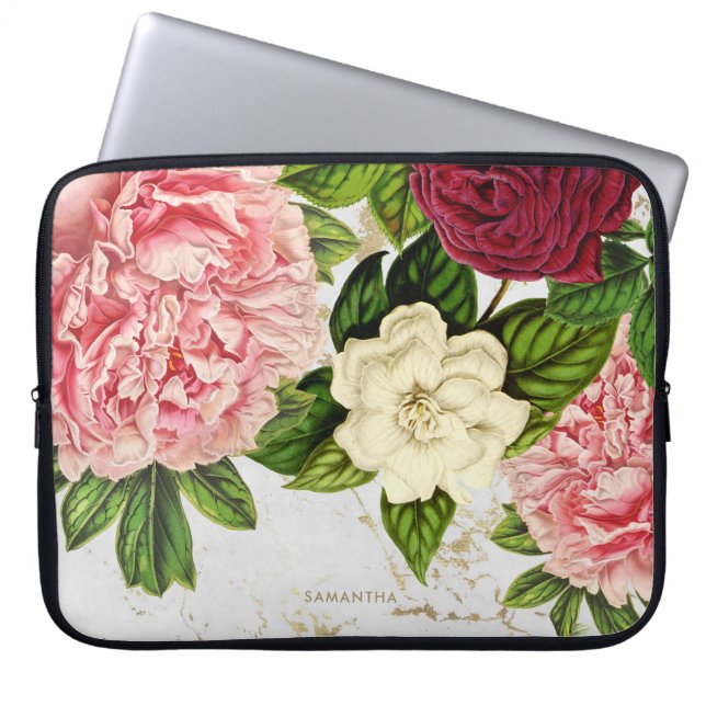 Aangepast  Floral Gold Marble Laptop Sleeve (Voorkant)