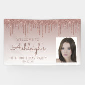 Aangepast foto-Roos Gold Glitter Drip 18th Birthda Spandoek (Horizontaal)