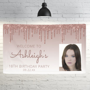 Aangepast foto-Roos Gold Glitter Drip 18th Birthda Spandoek