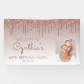 Aangepast foto-Roos Gold Glitter Drip 60th Birthda Spandoek (Horizontaal)