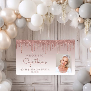 Aangepast foto-Roos Gold Glitter Drip 60th Birthda Spandoek