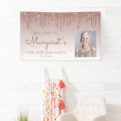 Aangepast foto-Roos Gold Glitter Drip 70th Birthda Spandoek (Insitu)