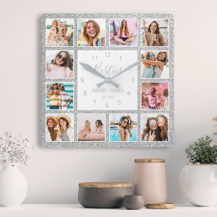 Aangepast fotocollage Besties Silver Glitter Glam Vierkante Klok