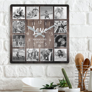 Aangepast fotocollage Rustic Farmhouse Love Family Vierkante Klok