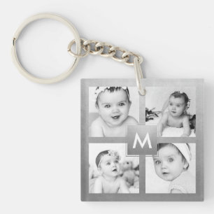 Aangepast fotocollage Silver Monogram Sleutelhanger