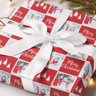 Aangepast fotopatroonrood wit kerstfeest cadeaupapier