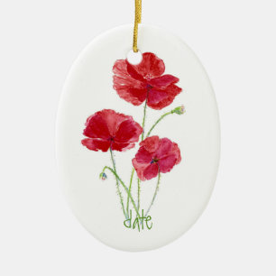 Aangepast gedateerd, rode Waterverf-papaverventila Keramisch Ornament