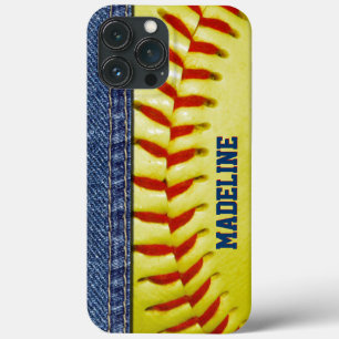 Aangepast gele Softball Red Stitch Patroon iPhone 13 Pro Max Hoesje