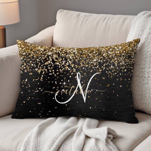 Aangepast goudglitter zwart monogram accent kussen (Creator heeft geüpload)