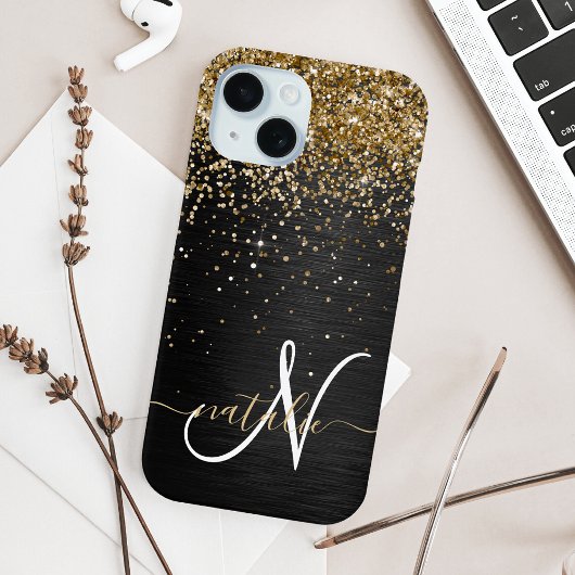 Aangepast goudglitter zwart monogram Case-Mate iPhone case