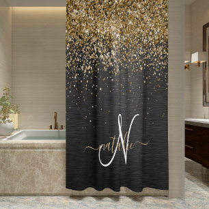 Aangepast goudglitter zwart monogram douchegordijn