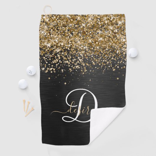 Aangepast goudglitter zwart monogram golfhanddoek (Insitu)