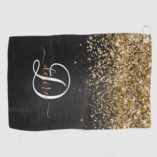 Aangepast goudglitter zwart monogram golfhanddoek (Horizontaal)
