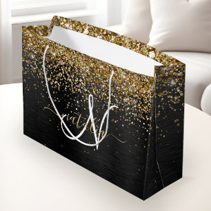 Aangepast goudglitter zwart monogram groot cadeauzakje