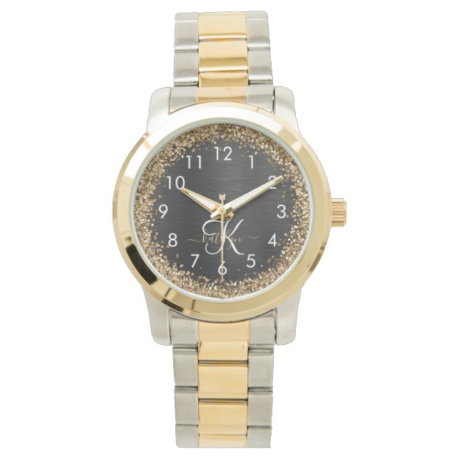 Aangepast goudglitter zwart monogram horloge (Voorkant)