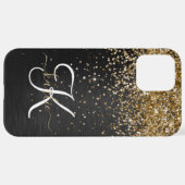 Aangepast goudglitter zwart monogram iPhone hoesje (Achterkant horizontaal)
