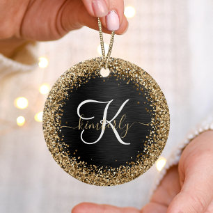 Aangepast goudglitter zwart monogram keramisch ornament