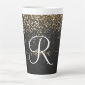 Aangepast goudglitter zwart monogram latte mok (Voorkant)