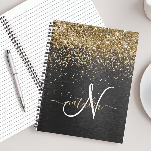 Aangepast goudglitter zwart monogram notitieboek
