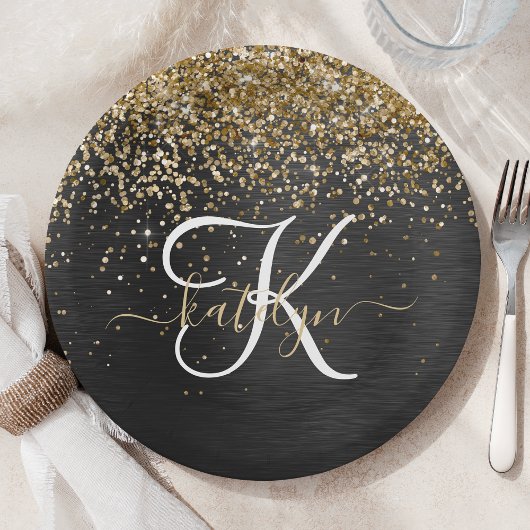 Aangepast goudglitter zwart monogram papieren bordje