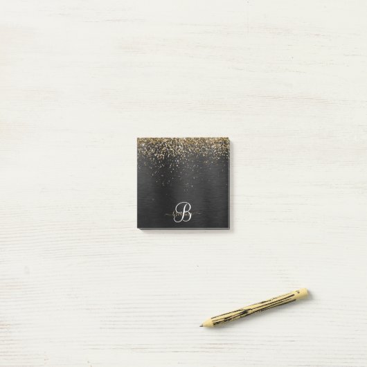 Aangepast goudglitter zwart monogram post-it® notes (Op bureau)