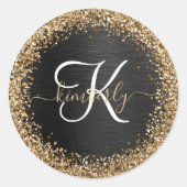 Aangepast goudglitter zwart monogram ronde sticker (Voorkant)