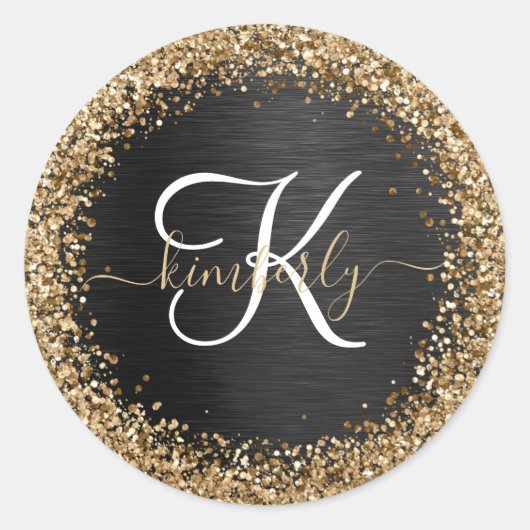 Aangepast goudglitter zwart monogram ronde sticker (Voorkant)