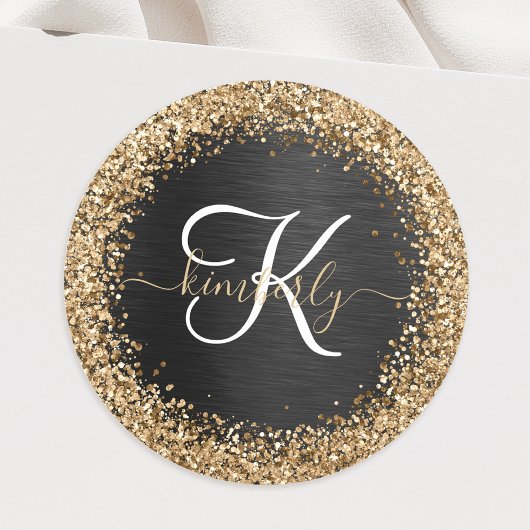 Aangepast goudglitter zwart monogram ronde sticker