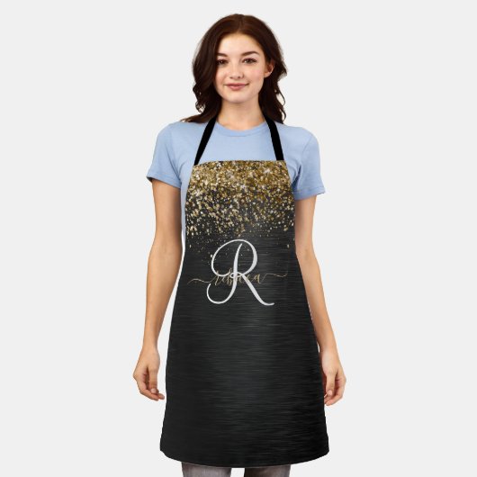 Aangepast goudglitter zwart monogram schort (Gedragen)