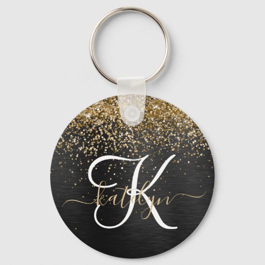 Aangepast goudglitter zwart monogram sleutelhanger (Voorkant)
