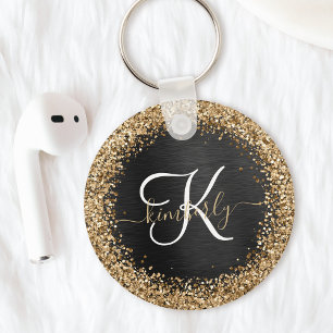 Aangepast goudglitter zwart monogram sleutelhanger