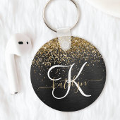 Aangepast goudglitter zwart monogram sleutelhanger