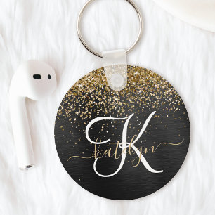 Aangepast goudglitter zwart monogram sleutelhanger