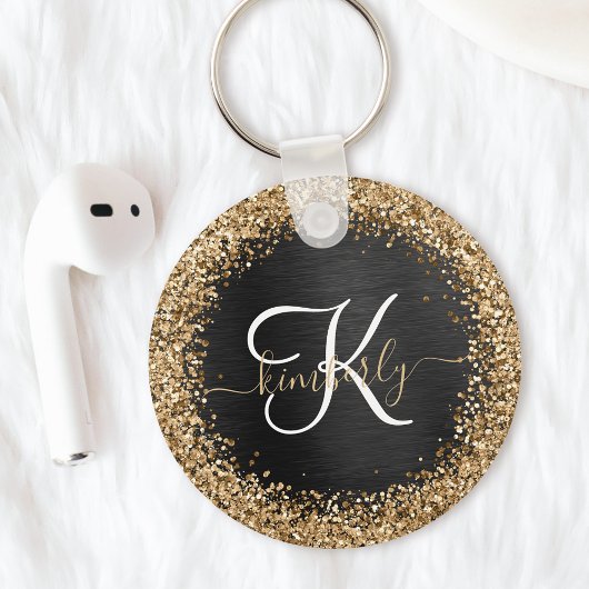 Aangepast goudglitter zwart monogram sleutelhanger