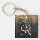 Aangepast goudglitter zwart monogram sleutelhanger (Voorkant)