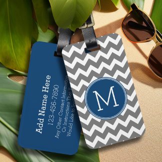 Aangepast grijs marineblauw Chevron Patroonmonogra Bagagelabel