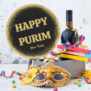 Aangepast, Happy Purim Classic Gold Glitter Ronde Sticker
