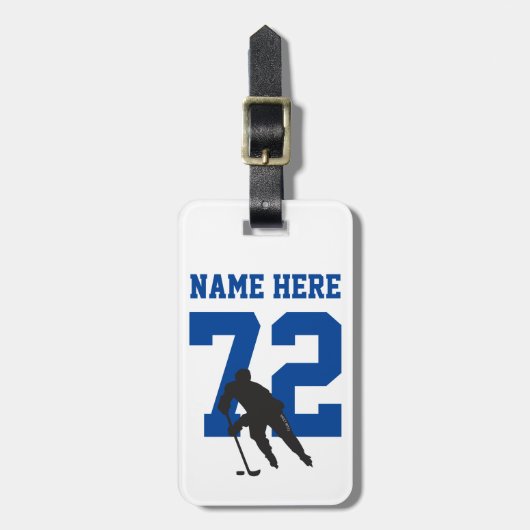 Aangepast hockey Player Name Number Blue Bagagelabel (Voorkant verticaal)