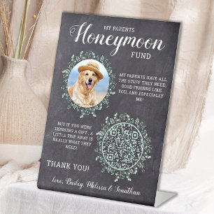 Aangepast Honeymoon Fund Dog Photo Pet Wedding Reclamebord Met Voetstuk