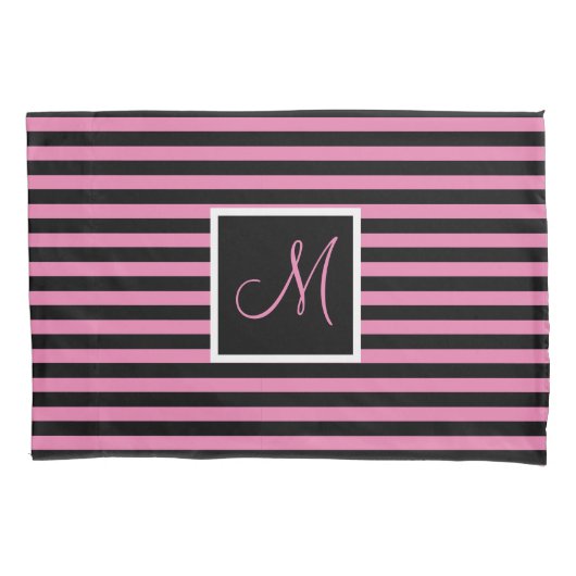 Aangepast Initiaal Roze en Zwart Gestreept Kussensloop (Voorkant)