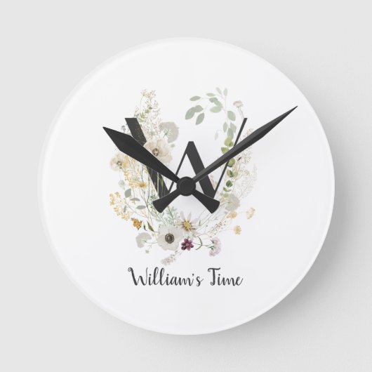 Aangepast Initiaal W met zachte kleur Wilde bloeme Ronde Klok (Voorkant)