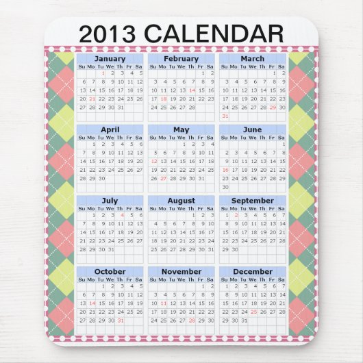 Aangepast kalender 2013 op een mousepad muismat (Voorkant)