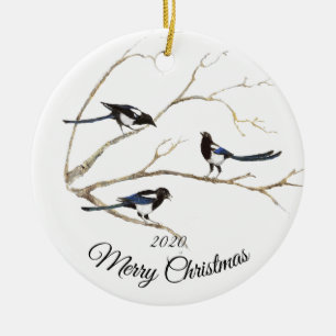 Aangepast kerstcadeautje Cursief Magpie Garden Bir Keramisch Ornament