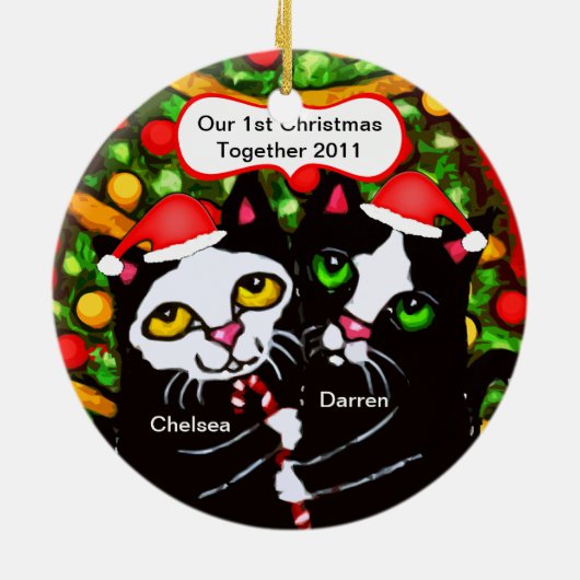 Aangepast kerstcadeautje met kat-couperversiering keramisch ornament (Achterkant)